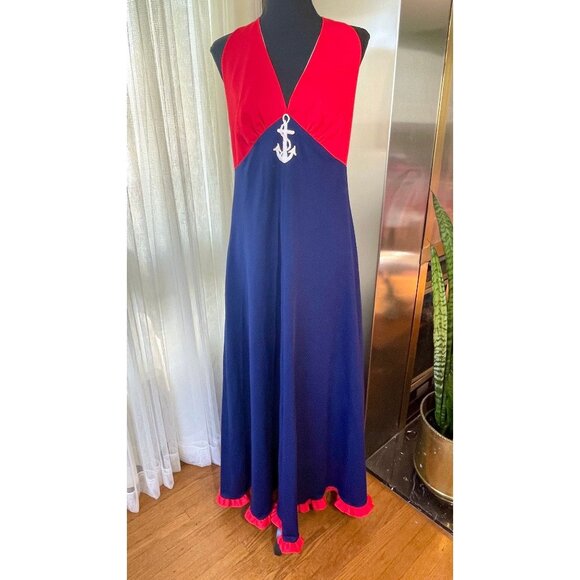 Vintage 70s halter dress, red and navy blue, polyester, nautical maxi, 8/10 (M) - Picture 3 of 10